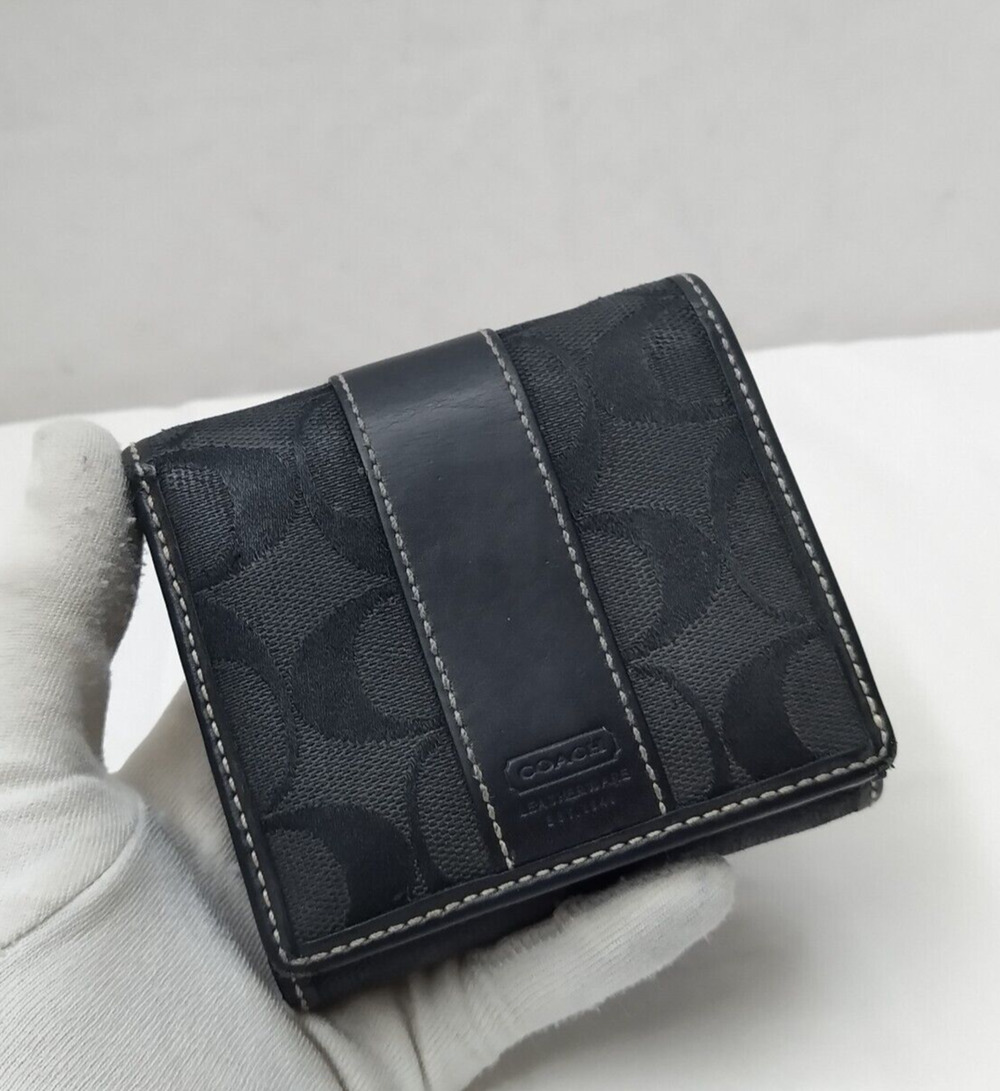 Coach Signature Black Canvas Leather Trim Credit Card Bifold Square Wallet